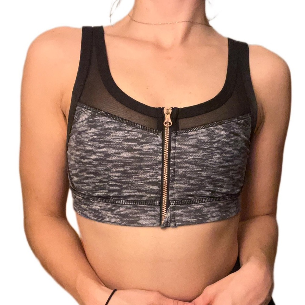 LULULEMON Black and Gray Sports Bra with rose gold zipper and mesh details 10
